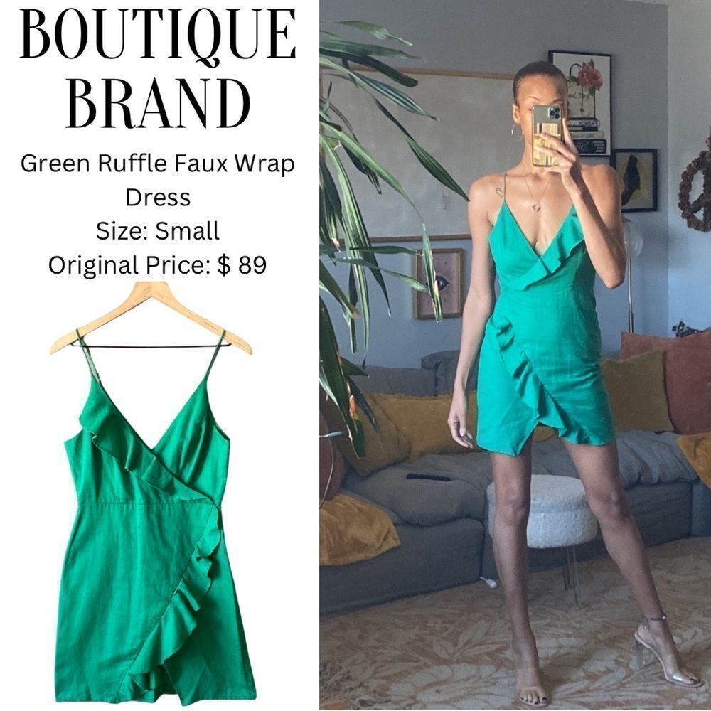 Green Ruffle Faux Wrap Dress